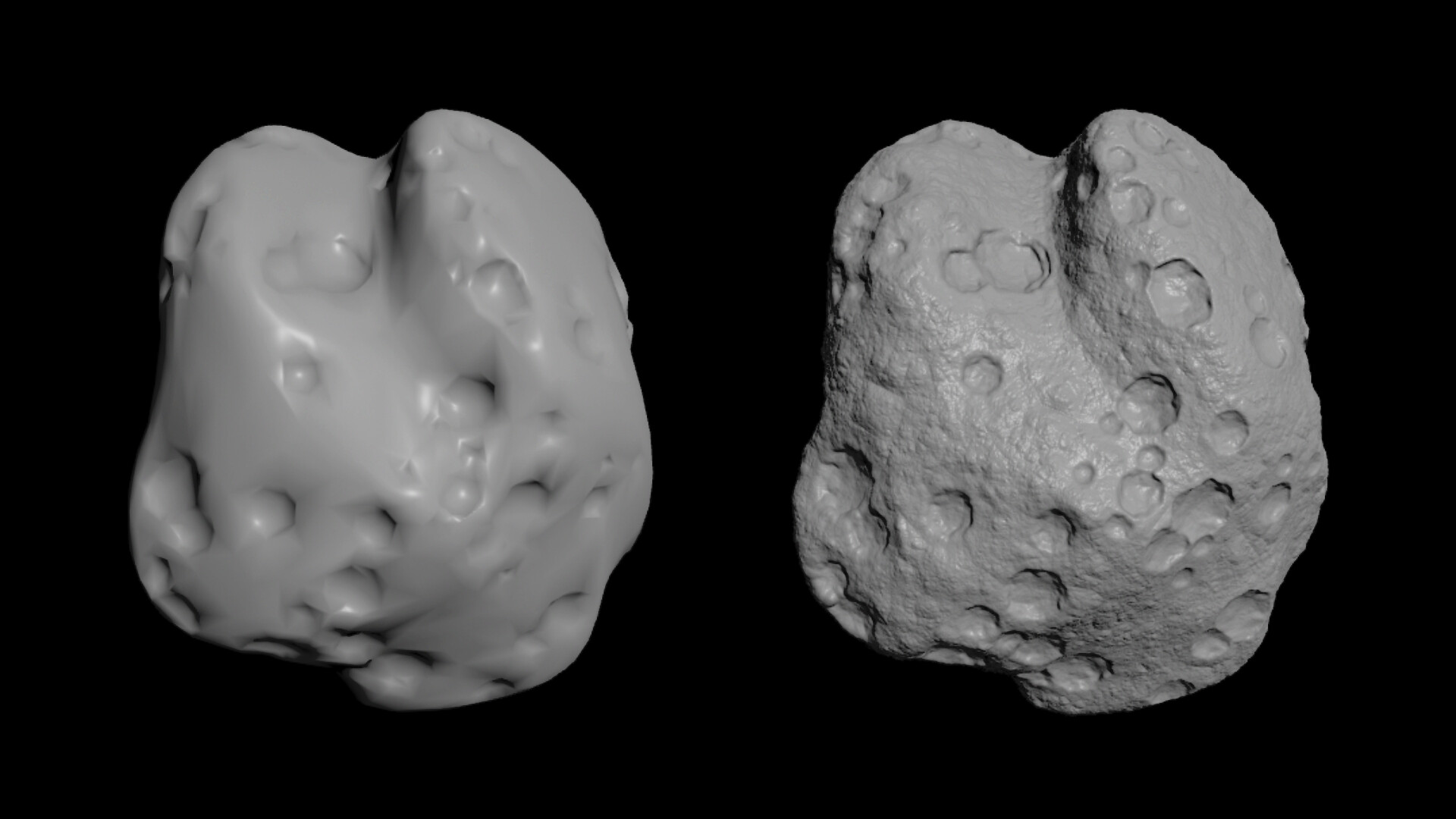 Comparison between the input geometry and procedural asteroid output