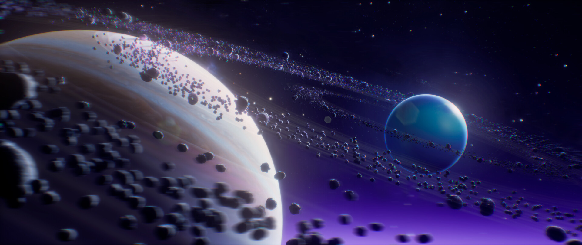 Houdini interface showing the procedural asteroid belt controls